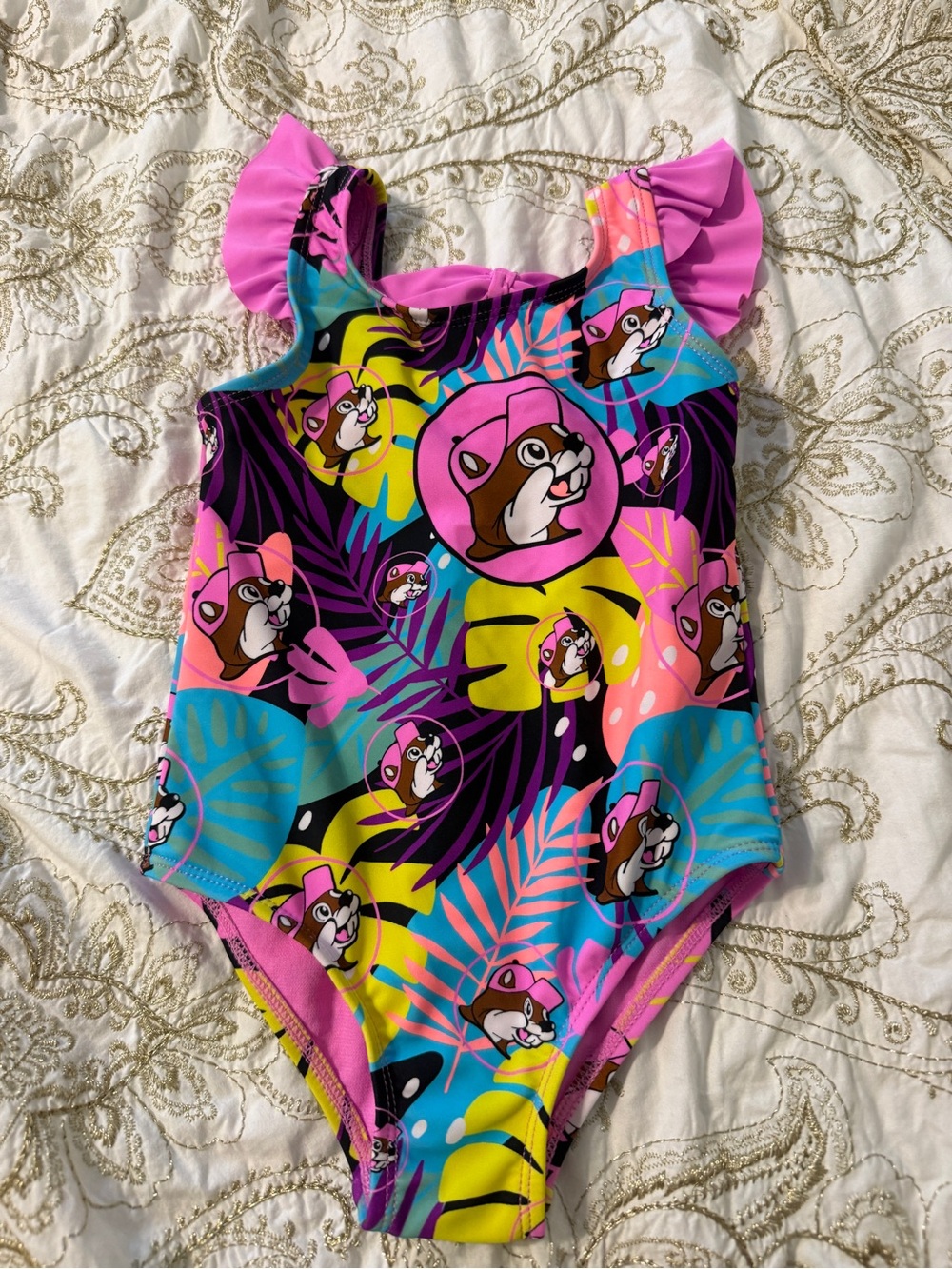 NEW Buc-ees Sz 3T One Piece Girl Swimsuit Beaver Logo tropical purple NWOT